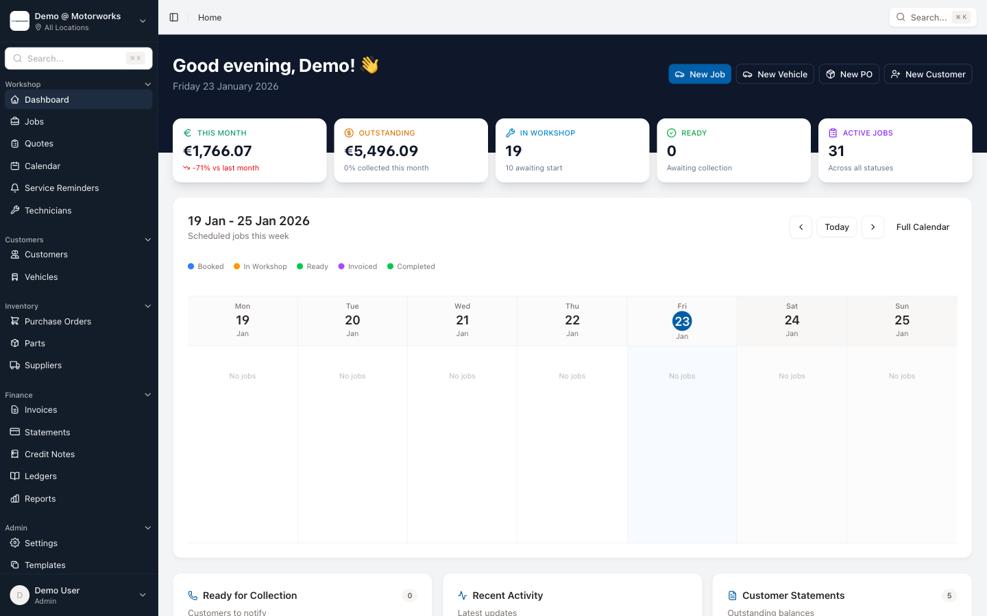 MotorWorks garage management dashboard showing job cards, customer details, and workshop scheduling