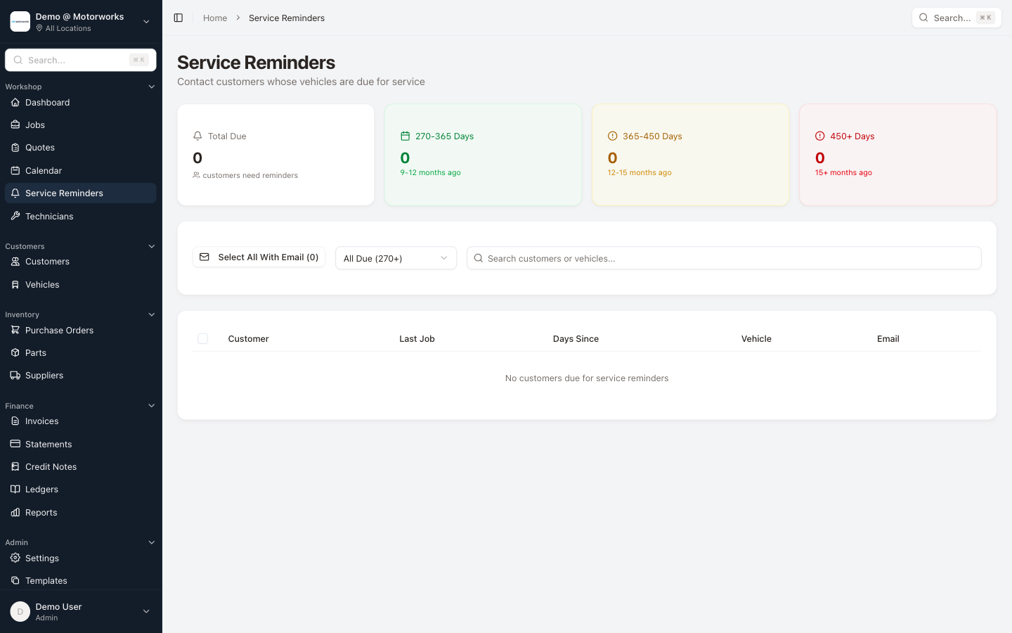 Service reminders list showing vehicles due