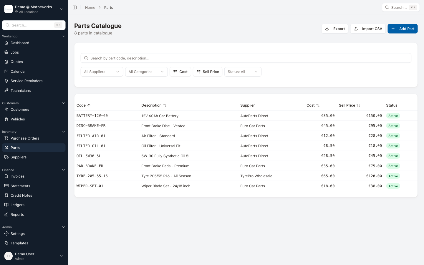 Parts catalogue with cost and sell prices