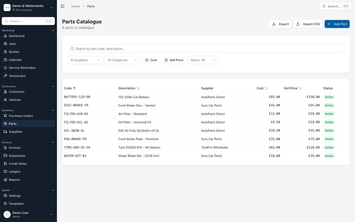Parts catalogue with cost and sell prices