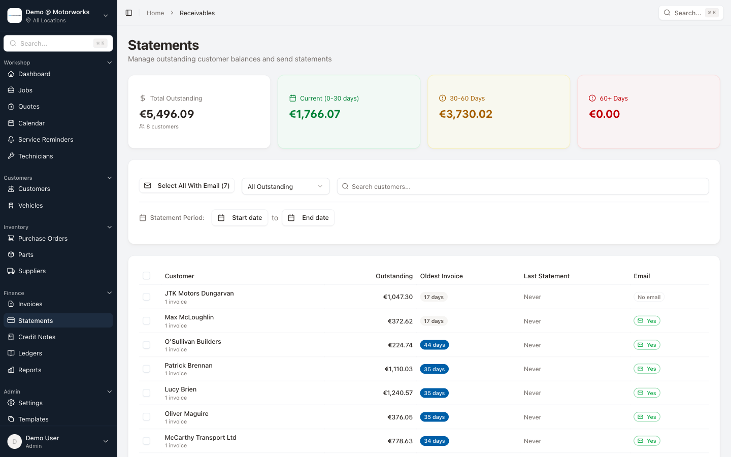 Statements & Credit Notes feature in MotorWorks garage management software