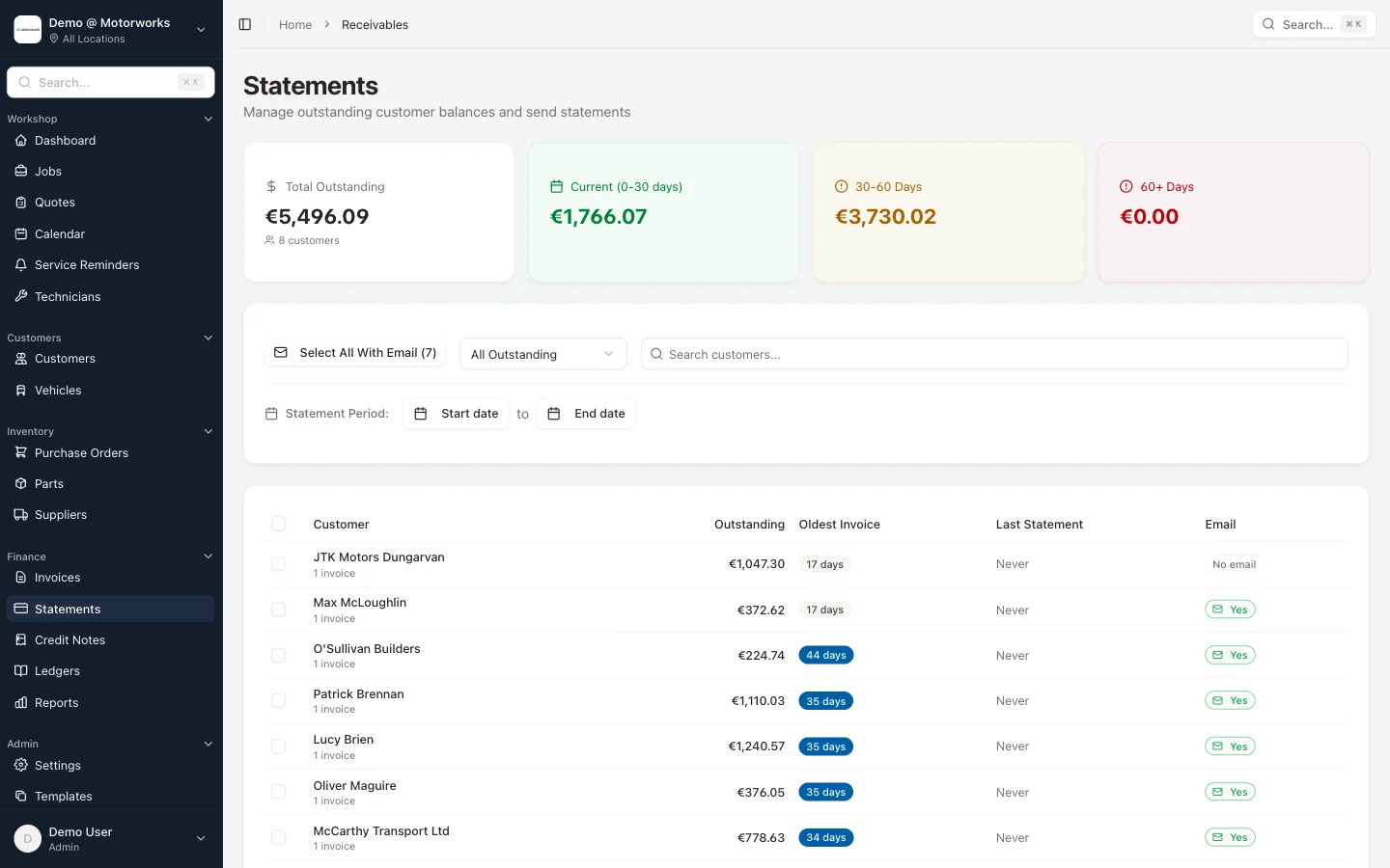 Statements & Credit Notes feature in MotorWorks garage management software