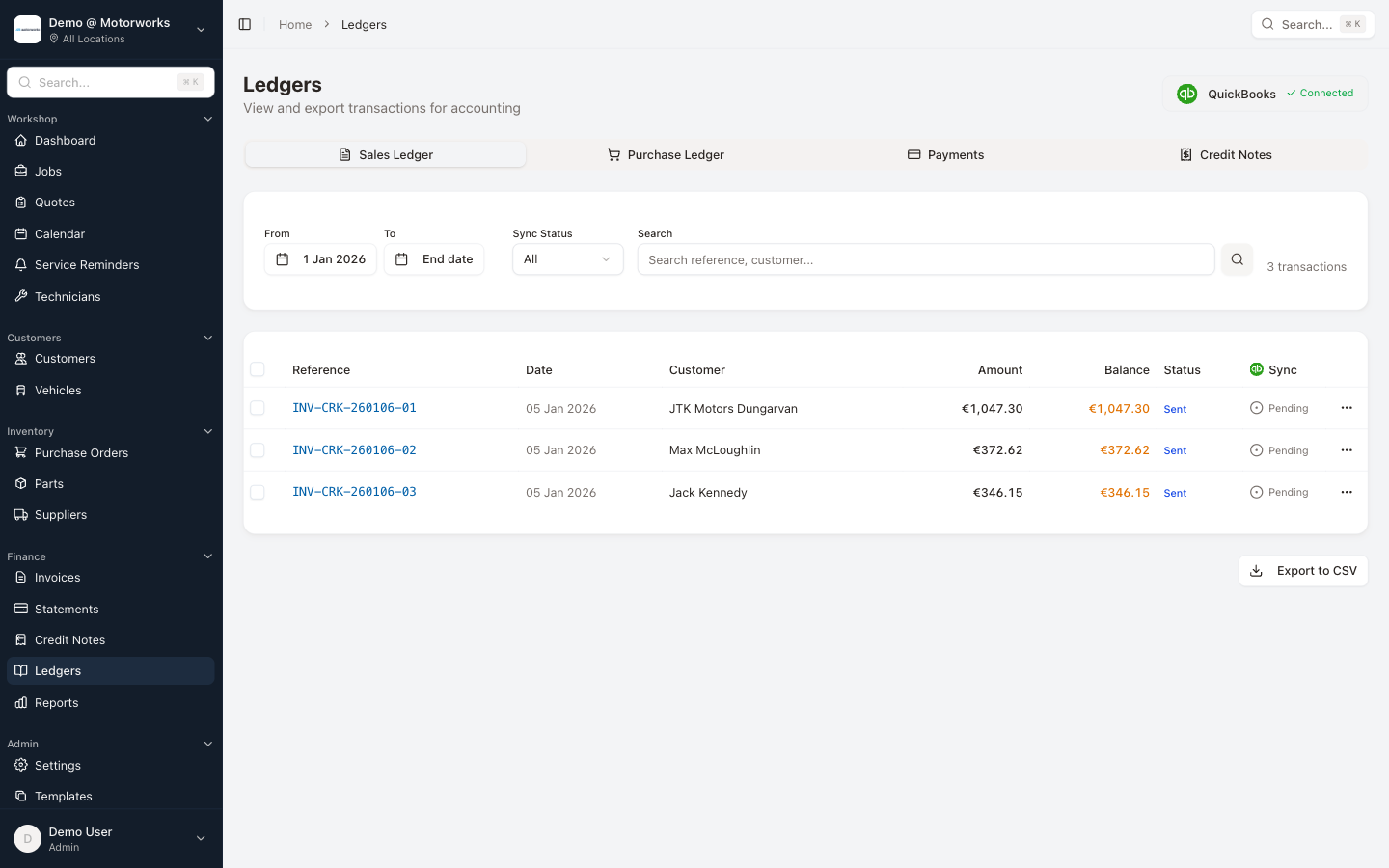 Ledgers view with accounting sync