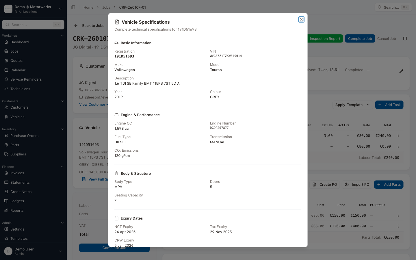 Vehicle specs showing NCT expiry date