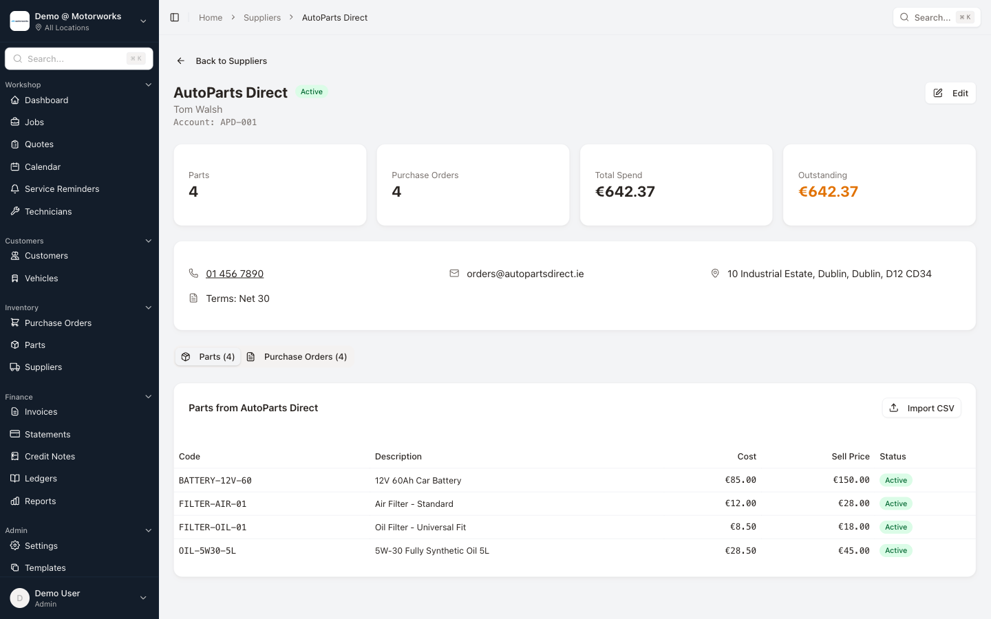 Supplier detail showing parts and purchase orders