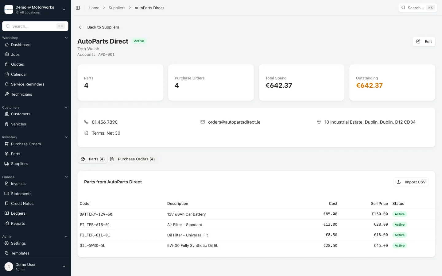 Supplier detail showing parts and purchase orders