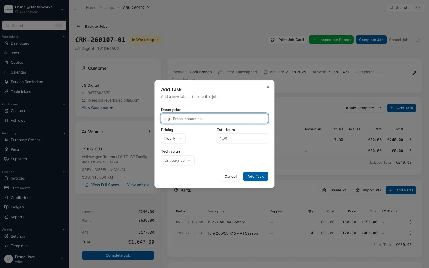 Add task to a job with estimated hours