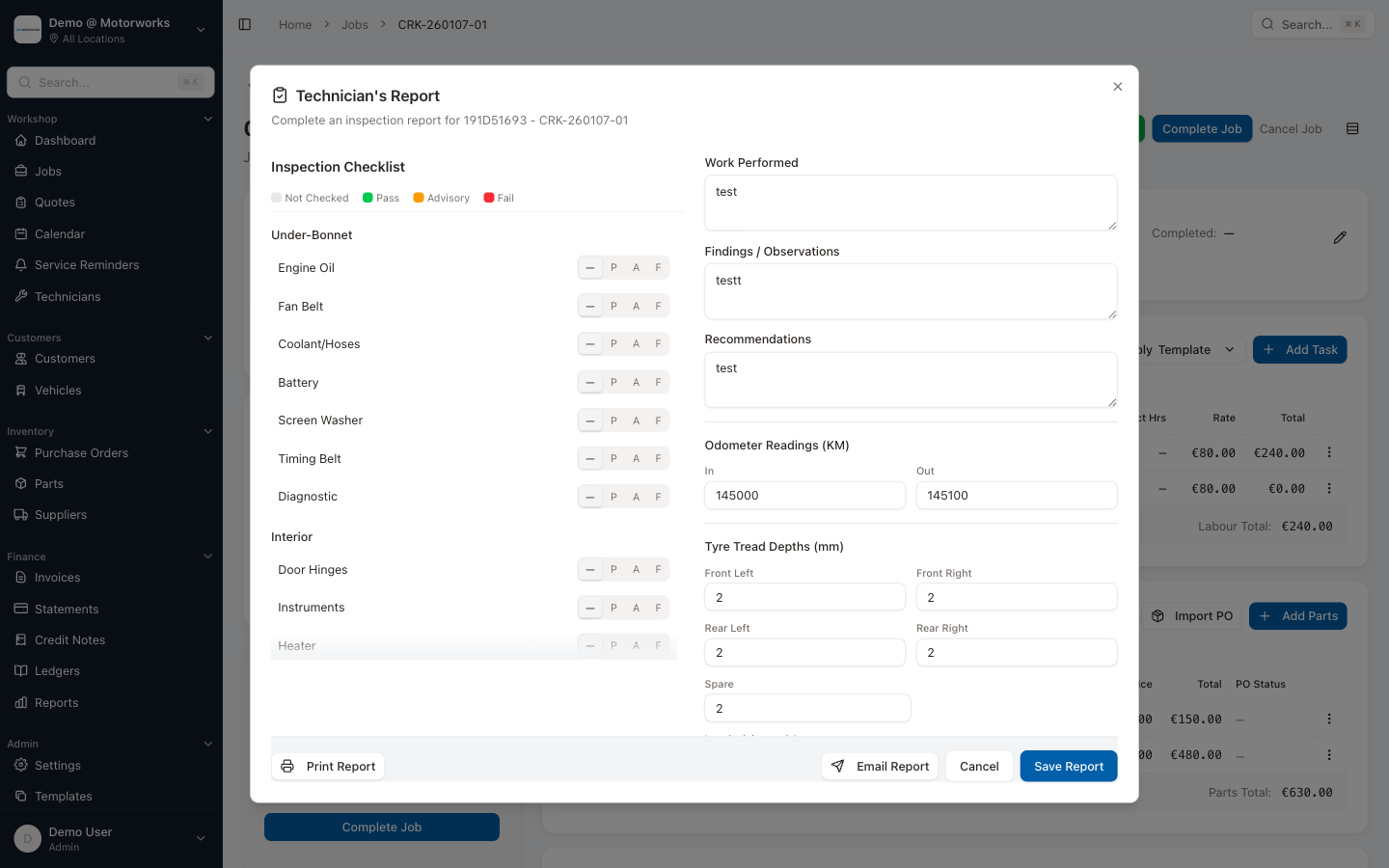 Technician inspection report with checklist