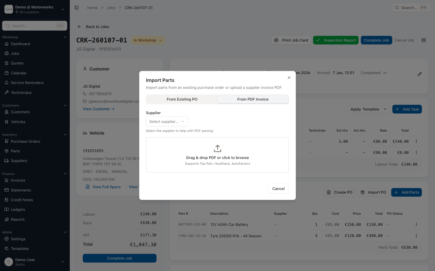 Import parts from PDF invoice