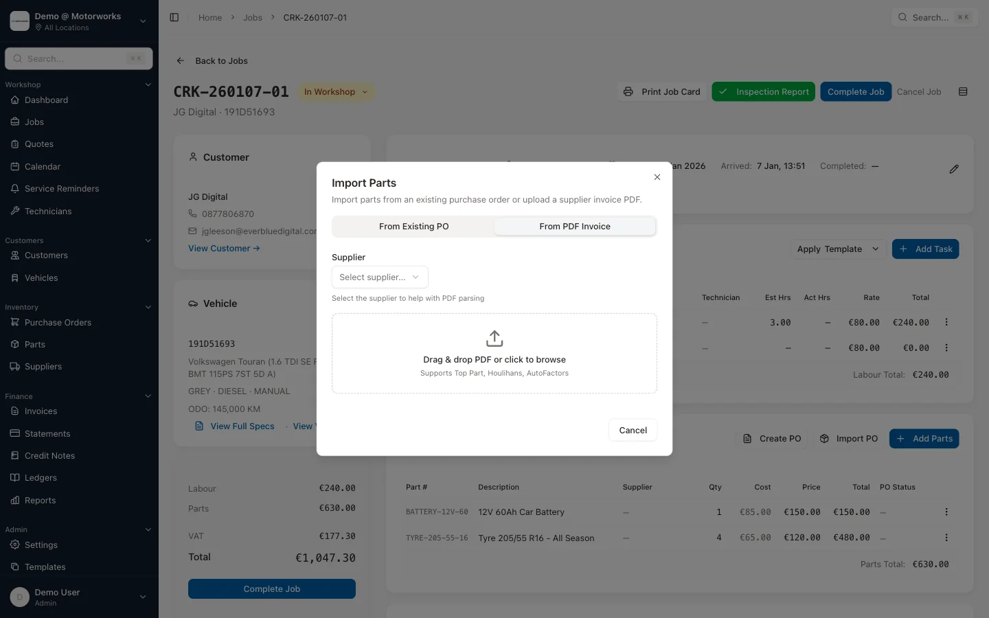 Import parts from PDF invoice