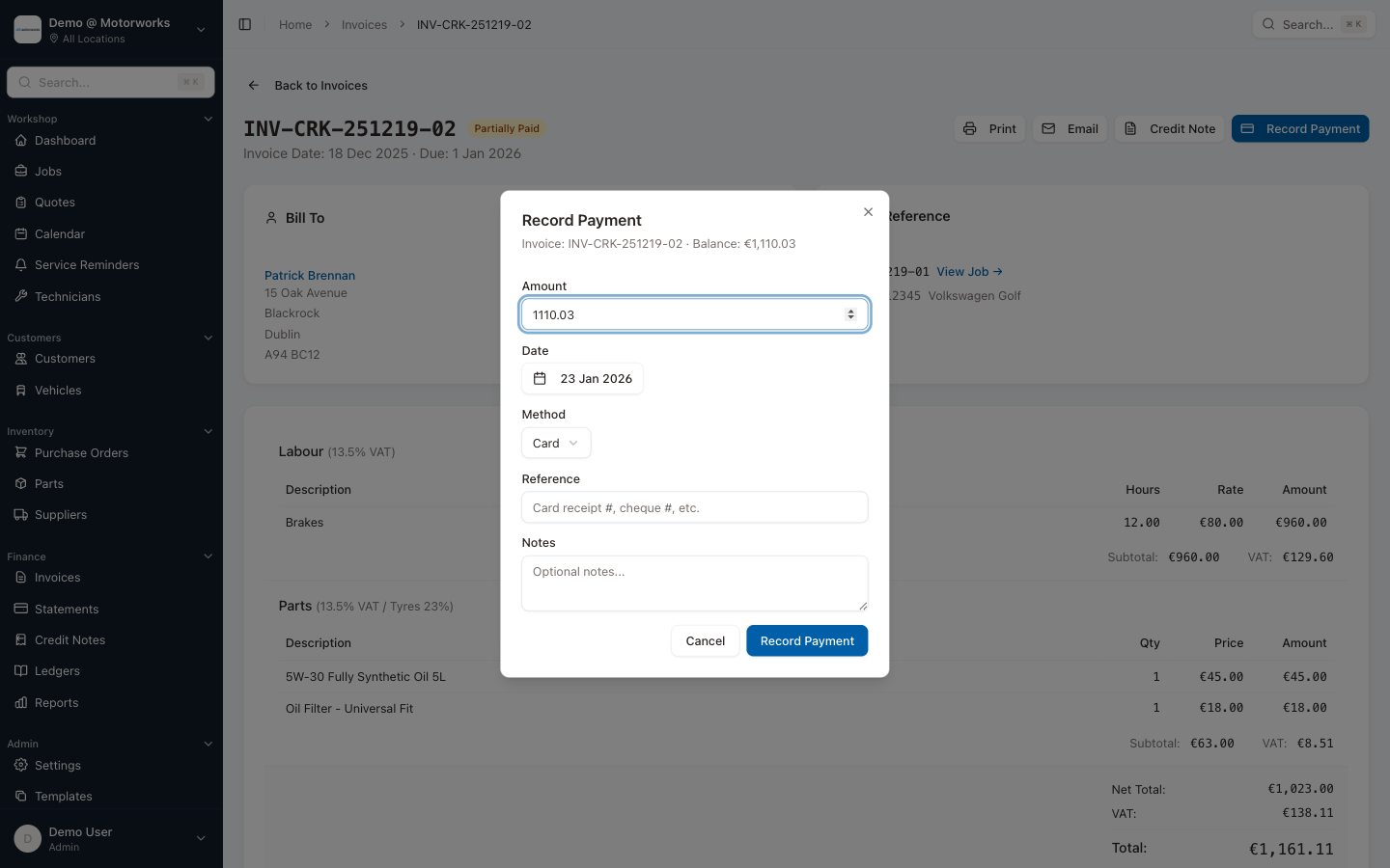 Record payment modal