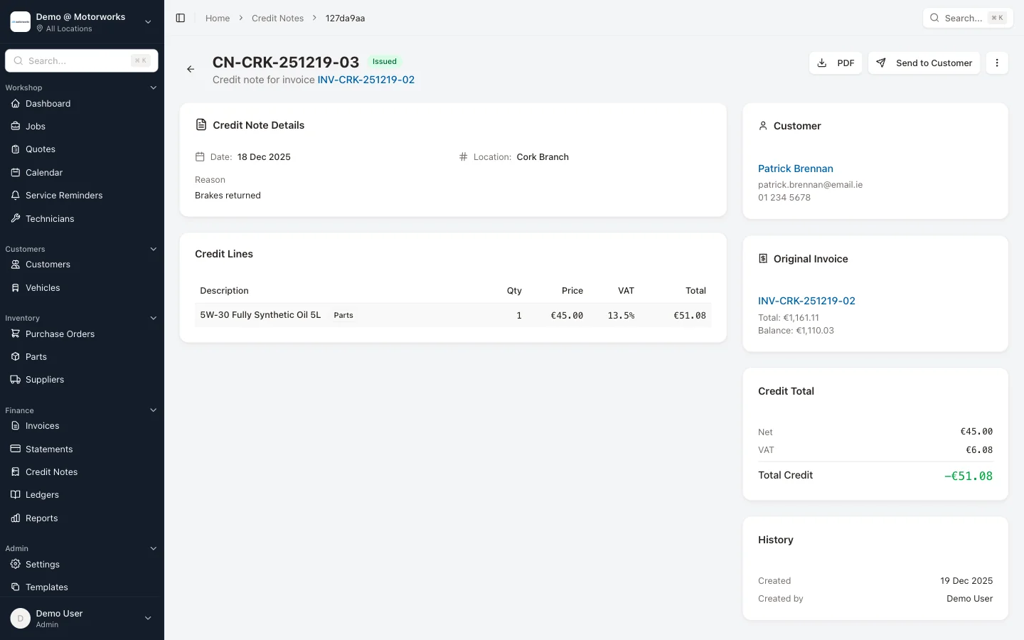 Credit note detail showing linked invoice